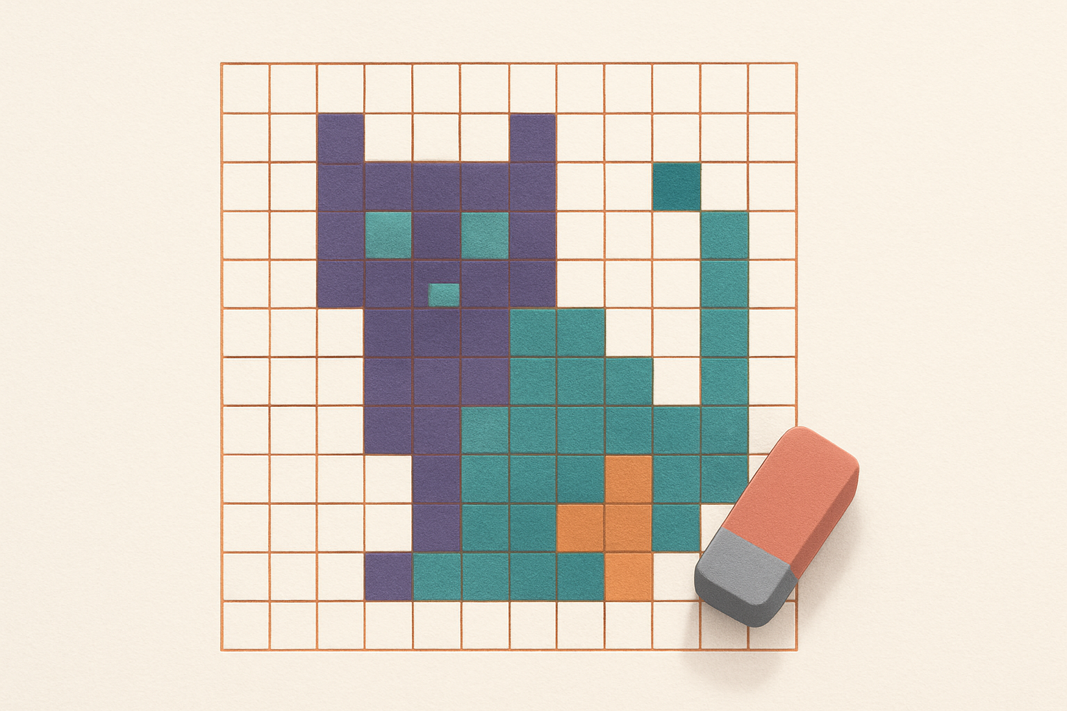 A nonogram grid mid-solve with one cluster of cells filled incorrectly and an eraser beside it, illustrating a fixable beginner mistake.