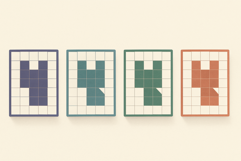 Four identical nonogram grids in different colored frames — the same puzzle known as nonogram, Picross, Griddlers and Hanjie.
