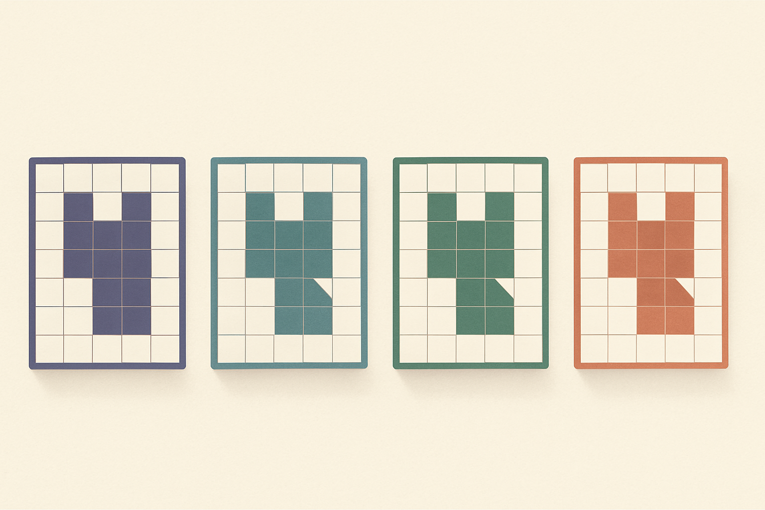 Four identical nonogram grids in different colored frames — the same puzzle known as nonogram, Picross, Griddlers and Hanjie.