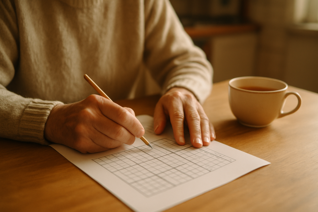 An older adult hands filling in a printed logic puzzle at a wooden table with a cup of tea, in warm natural light.