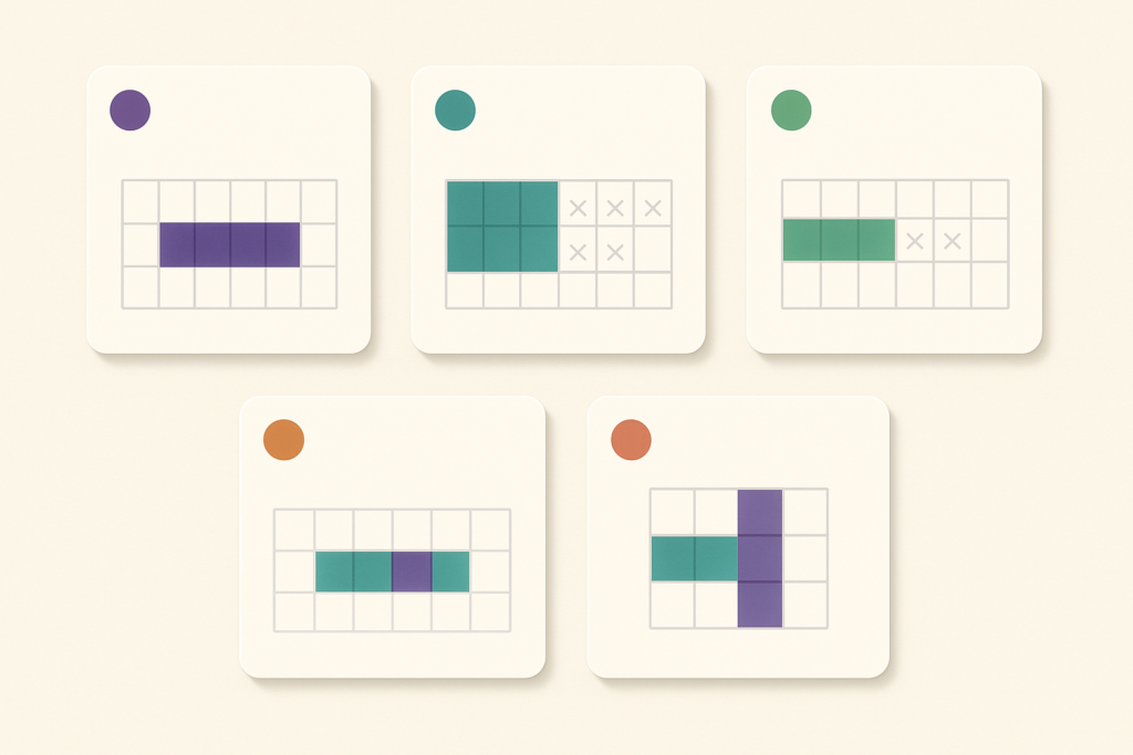 A single row of a nonogram puzzle shown twice, once with its blocks pushed hard to the left and once pushed hard to the right, with the few cells that stay filled in both positions standing out as solid squares.