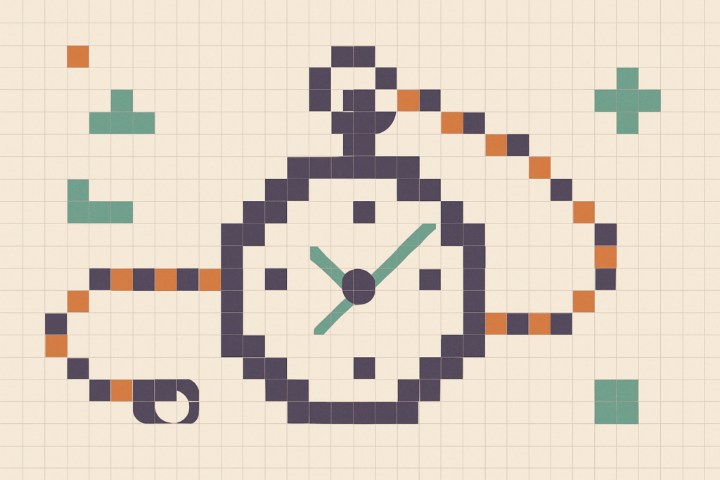 Pixel-art nonogram of an antique pocket watch, evoking the history of nonograms