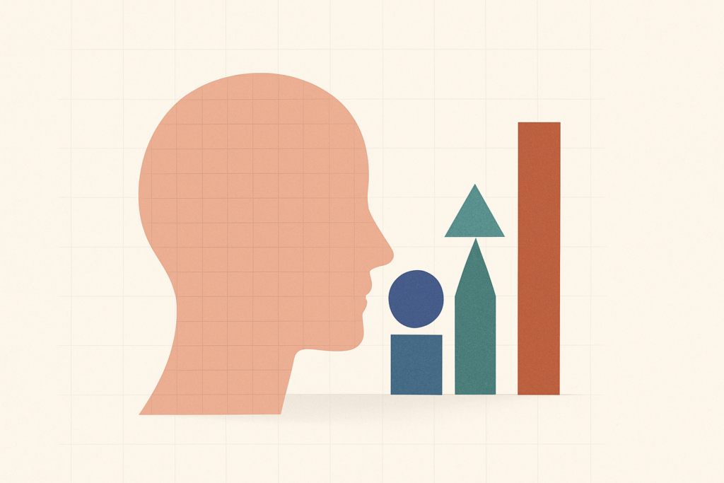 Editorial illustration: a head in profile beside rising geometric shapes, evoking memory and cognitive benefit from logic puzzles