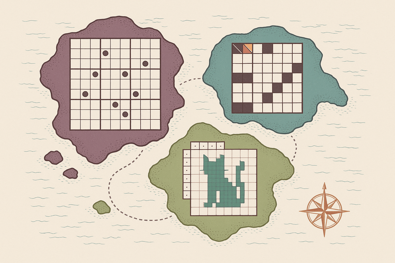 Three puzzle grids side by side: a partly filled sudoku, a kakuro with diagonal sum clues, and a nonogram whose shaded squares form a picture.