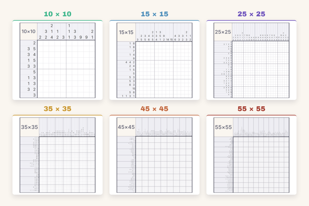 Six empty nonogram grids arranged in two rows, from a small 10 by 10 to a dense 55 by 55, each labelled with its size.